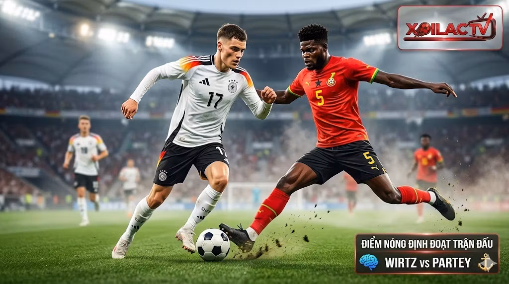 Florian Wirtz của Đức đang dắt bóng tấn công, đối mặt với pha can thiệp mạnh mẽ của Thomas Partey từ Ghana tại khu vực trung tuyến. Hình ảnh có các đồ họa phân tích điểm nóng chiến thuật và logo Xoilac TV.