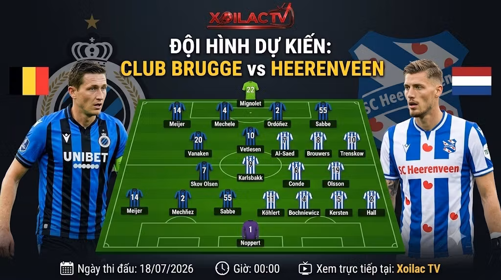 Sơ đồ chiến thuật và đội hình dự kiến trận đấu Club Brugge vs SC Heerenveen