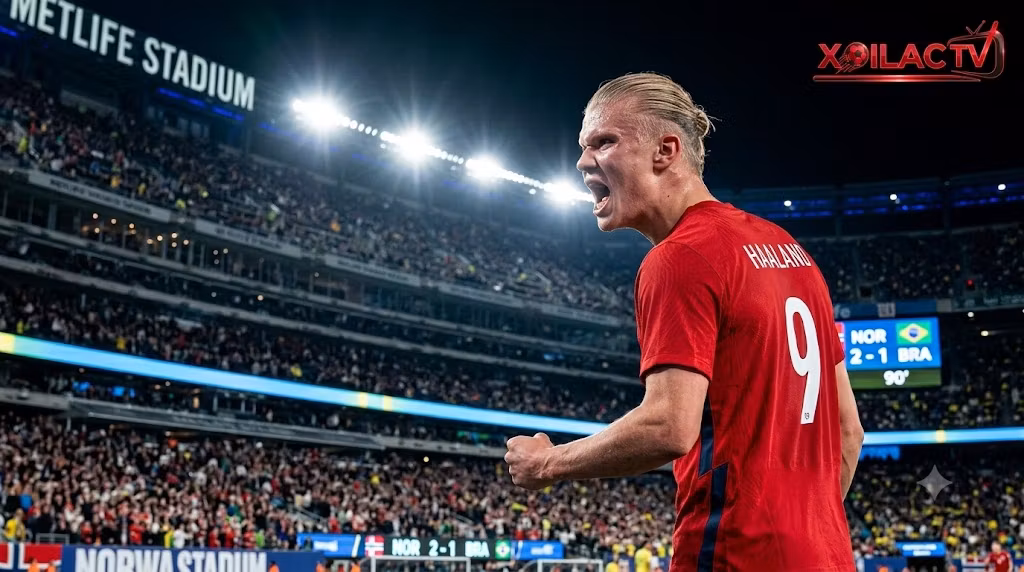 Erling Haaland ăn mừng cảm xúc sau khi ghi bàn ấn định chiến thắng 2-1 cho Na Uy trước Brazil tại vòng 1/8 World Cup 2026.