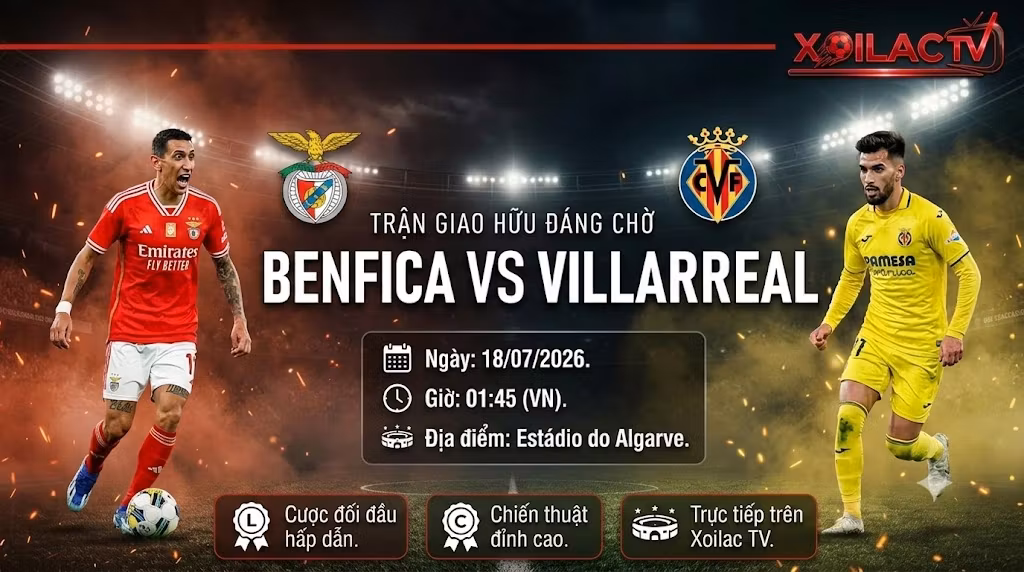 Ảnh bìa nhận định soi kèo trận giao hữu Benfica vs Villarreal lúc 01h45 ngày 18/07 cùng Xoilac TV.